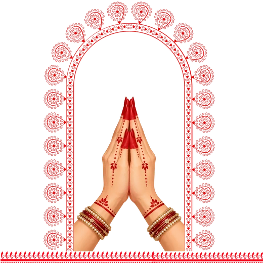 Hands folded in namaskar inside a red alpana arch